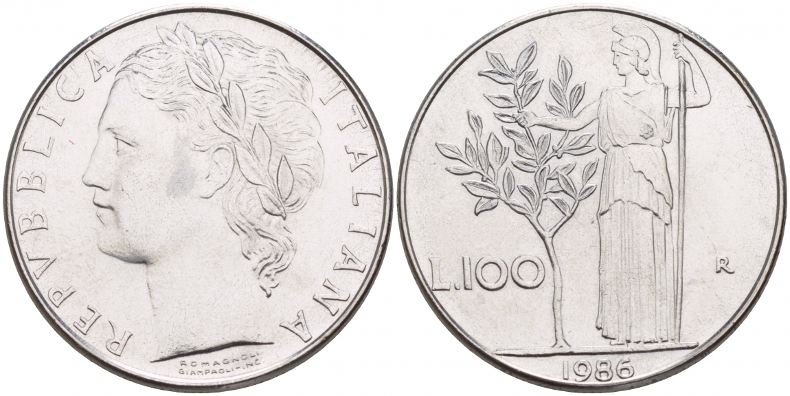 ИТАЛИЯ 100 ЛИР 1986 R, АФИНА У ОЛИВКОВОГО ДЕРЕВА KM 96.1 нержавеющая сталь 4545-731