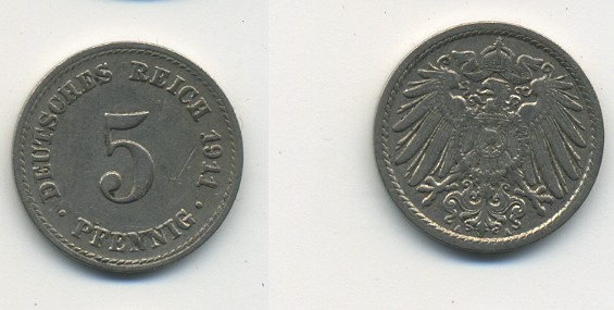 Германия 5 пфеннигов 1911 A KM 11, J. 12, Weege 6 медно-никель 23-1443