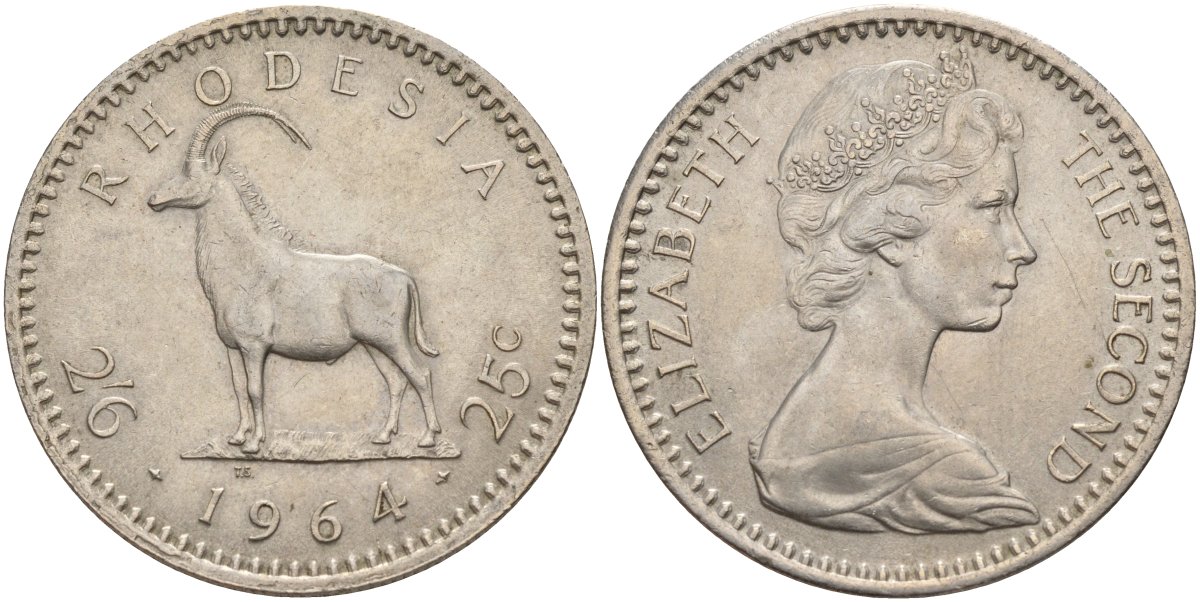 Британская Родезия 2 шиллинга 6 пенсов (25 центов) 1964 Елизавета II (1953-), черная антилопа KM 4 медно-никель 4140-111