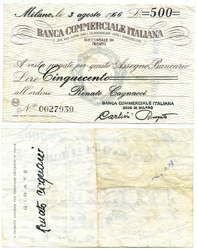 Италия чек на 500 лир 1966 на имя Ринато Ганьячи, банк Милан бумага 7221-8-3-1