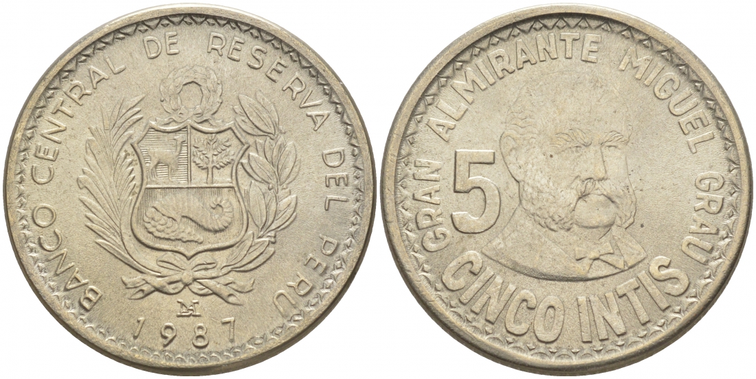 Перу 5 инти 1987 Мигель Грау KM 300 медно-никель UNC 181-936