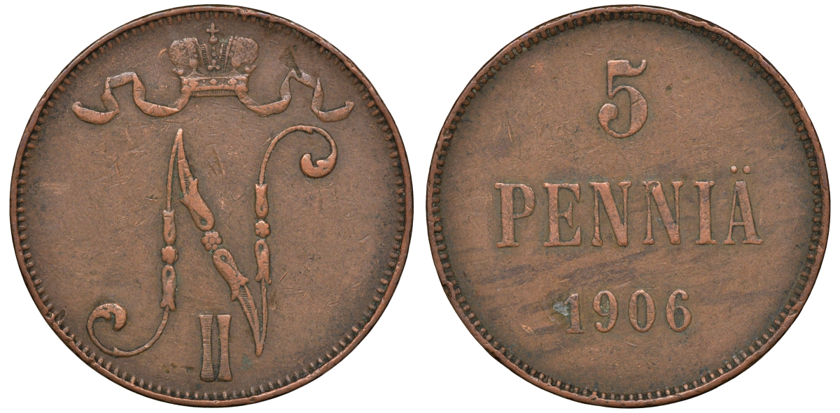 Россия для Финляндии 5 пенни 1906 Биткин 447 медь 53-444