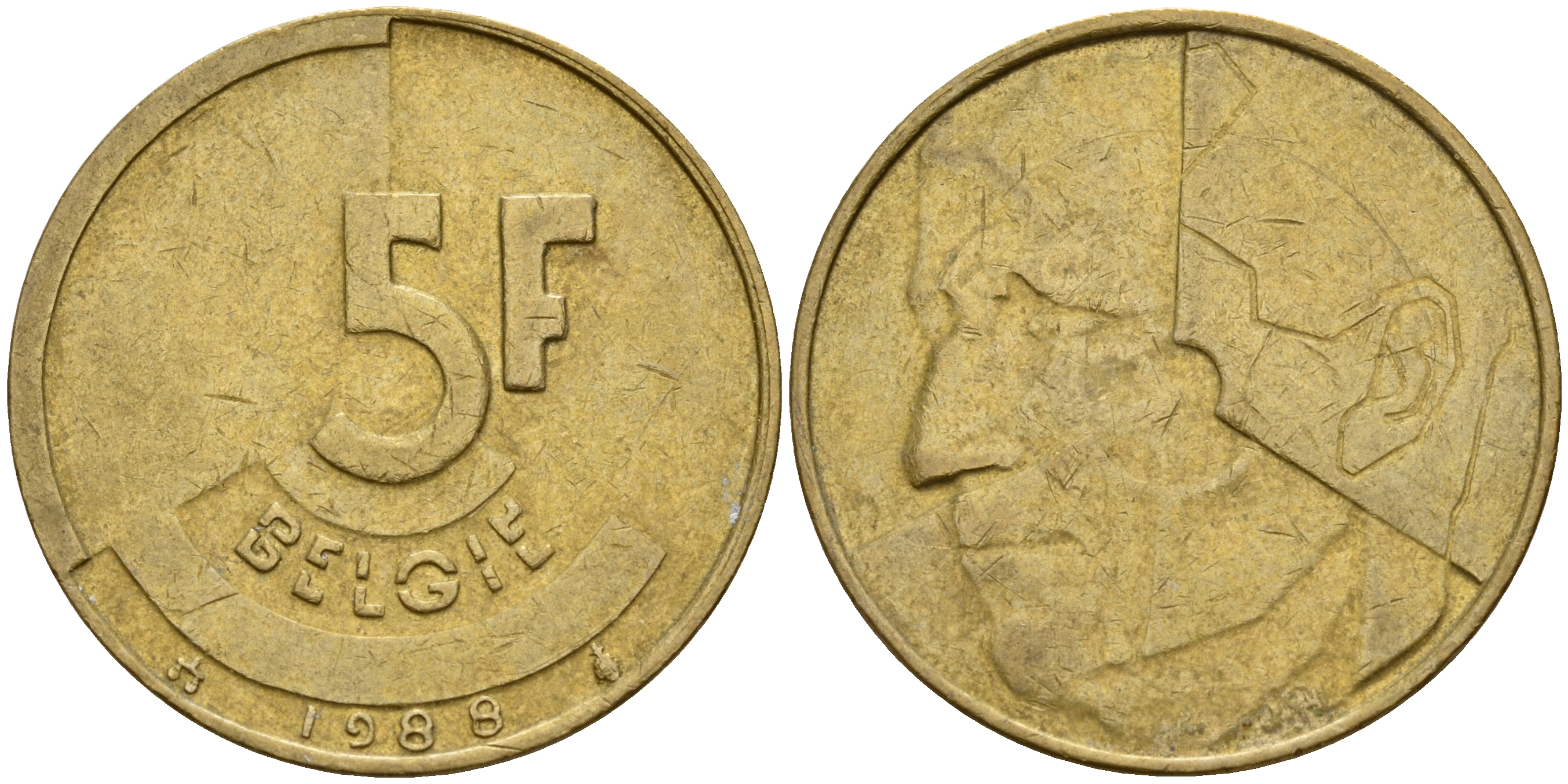 Бельгия 5 франков 1988 Belgie KM 164 алюминиевая бронза плакированная латунью    4187-432