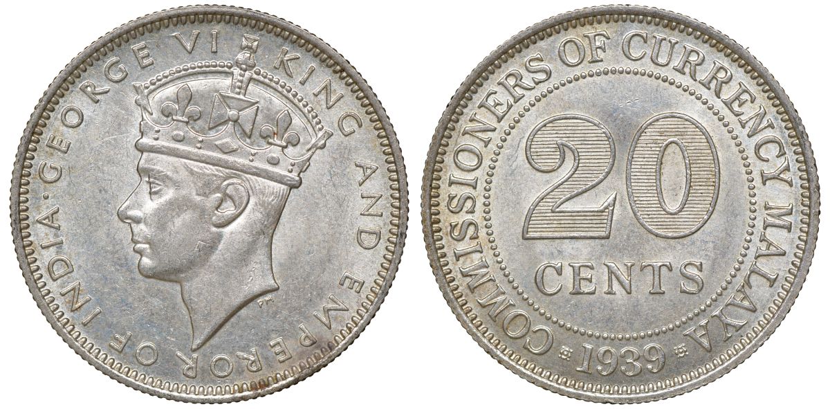 Британская Малайя 20 центов 1939 Георг VI (1937-1952) KM 5 серебро 53-334