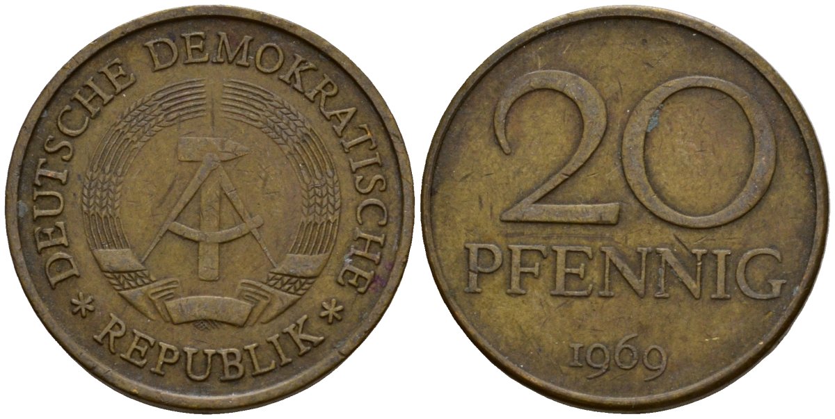 ГДР 20 пфеннигов 1969 A, первый год KM 11 латунь 4601-535