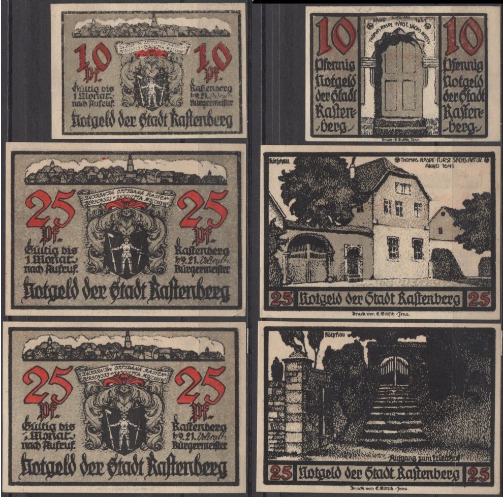 Растенберг полный набор из 3 нотгельдов (10 и 25 пфеннигов) 1921 Mehl Grabowski 1097.1 бумага UNC (пресс) 7556-15-4-1