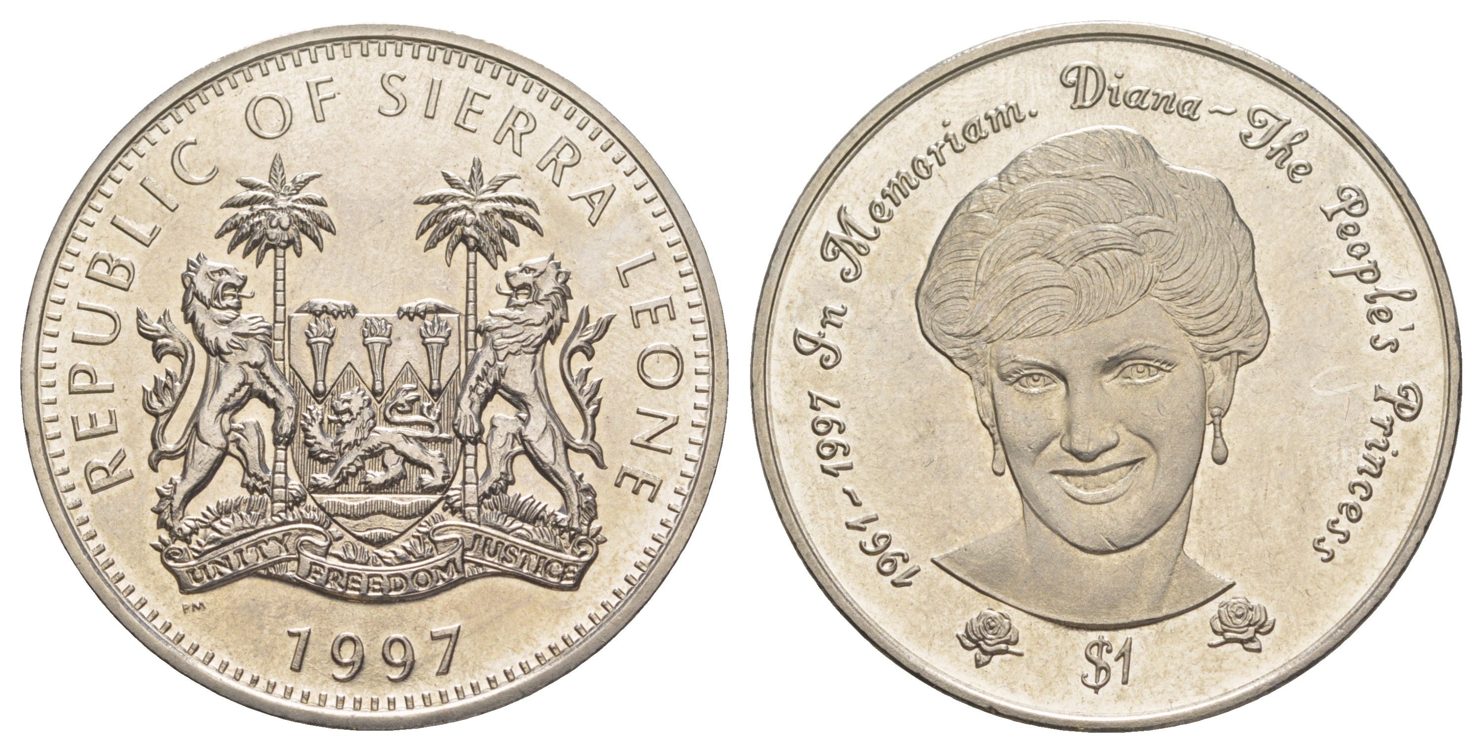 Сьерра-Леоне 1 доллар 1997 Диана - Народная принцесса, бюст Дианы KM 72 медно-никель BU 1082-6-23