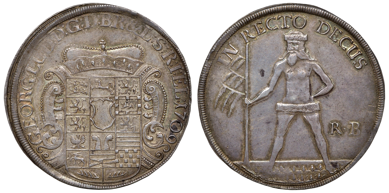 Брауншвейг-Каленберг-Ганновер 1 талер 1709 RB, Георг I, Курфюрст Ганноверский, великан, из коллекции F. Popken Dav. 2065, Welter 2143 серебро 10-017-09