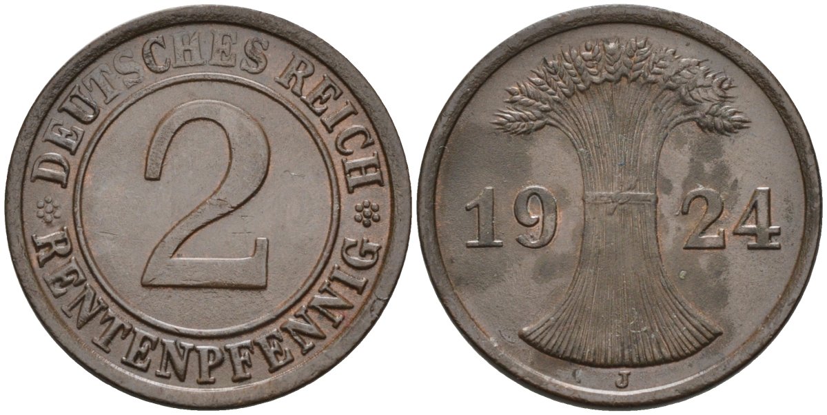 Германия 2 рентенпфеннига 1924 J KM 31, J.307, Weege 3 медь 4584-626