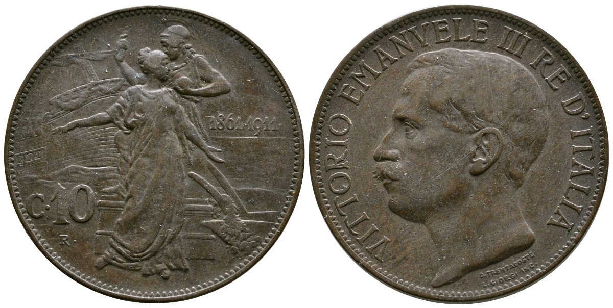 Италия 10 чентезимо 1911 50 лет Королевству Италия (1861-1911) KM 51 медь 4381-1042