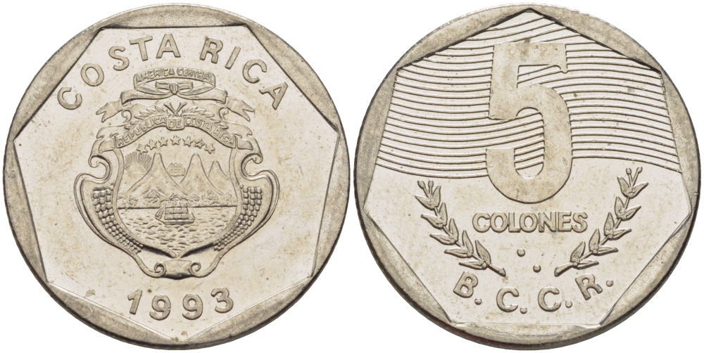 КОСТА-РИКА 5 КОЛОН 1993 l KM 214.3 сталь плакированная никелем 67-957