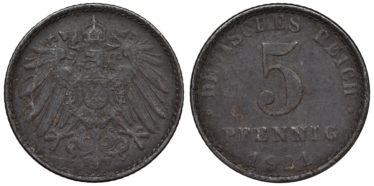 Германия 5 пфеннигов 1921 A KM 19, J. 297, Weege 5 железо 4118-1124