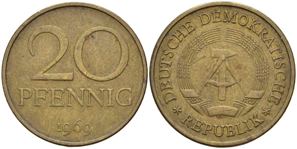 ГДР 20 пфеннигов 1969 A, первый год KM 11 латунь 4143-743