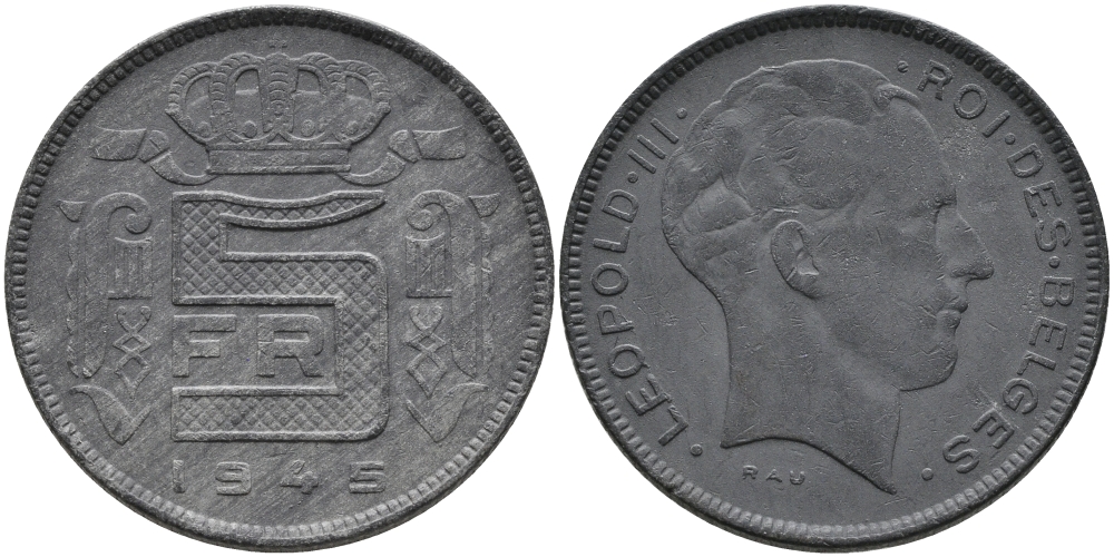 БЕЛЬГИЯ 5 ФРАНКОВ 1945 BELGES, ГЕРМАНСКАЯ ОККУПАЦИЯ, ВТОРАЯ МИРОВАЯ ВОЙНА KM 129.1 цинк 93-1311