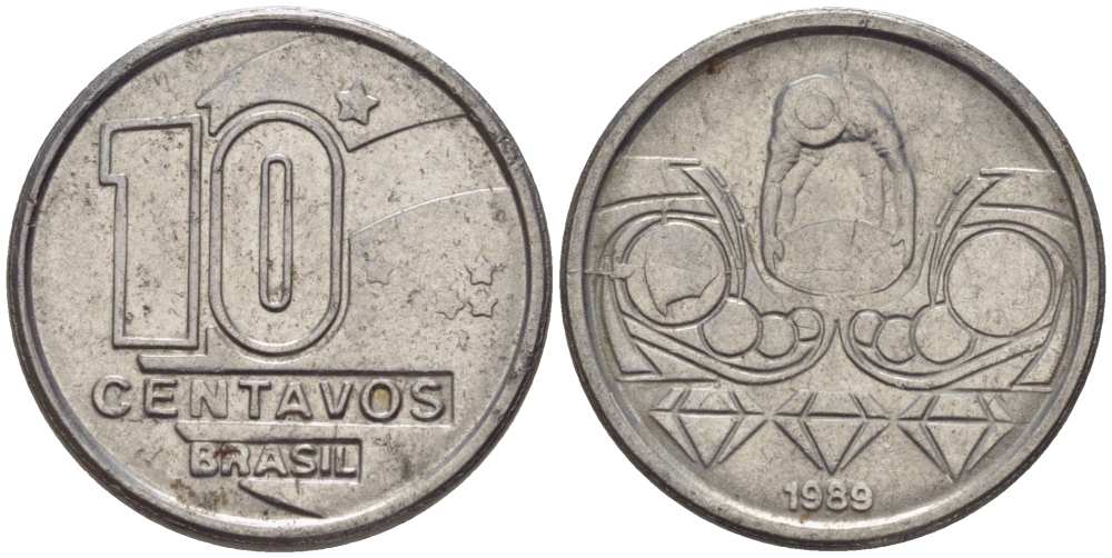 Бразилия 10 сентаво 1989 золотодобыча KM 613 нержавеющая сталь 116-768