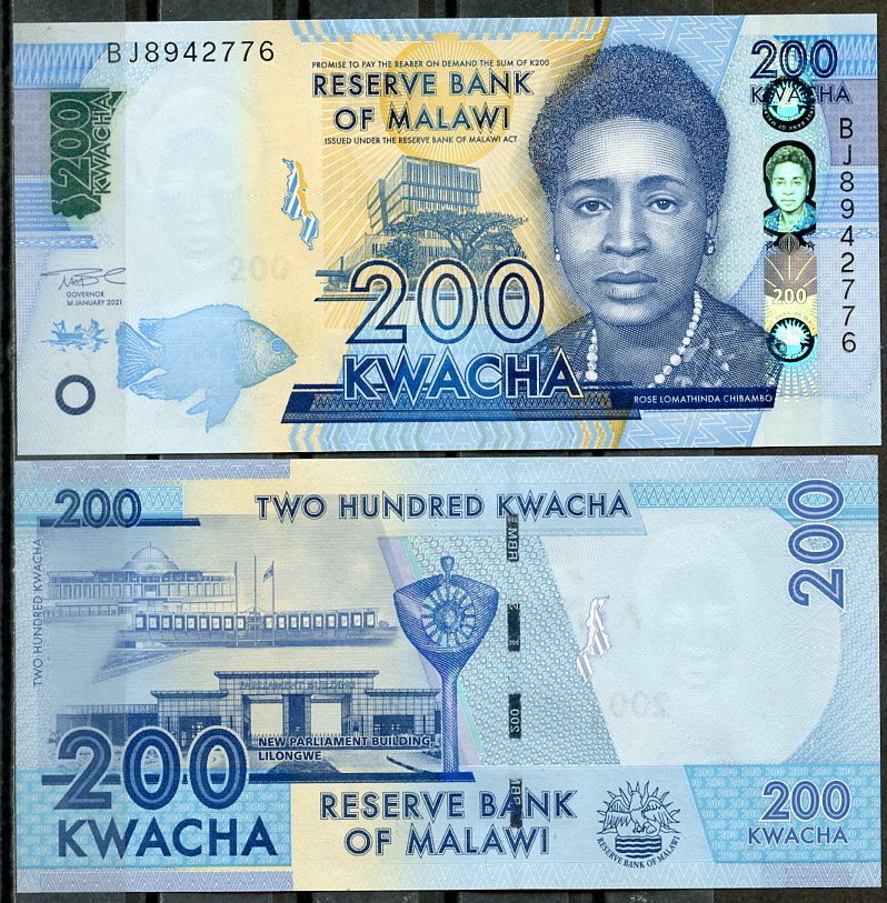 Малави 200 квача 2021 Роза Ломатинда Чибамбо, Лилонгве Pick 65A  бумага  UNC (пресс) 448-84-2