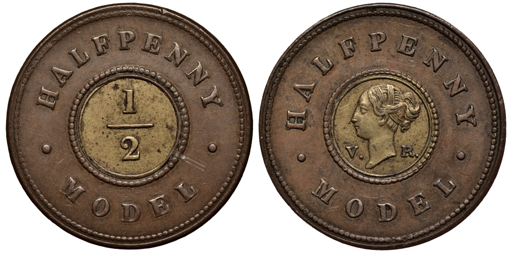 Великобритания 1 пенни ND (1844) модель монеты Виктории в 1/2 пенни, Джозеф Мур биметалл 1524-625