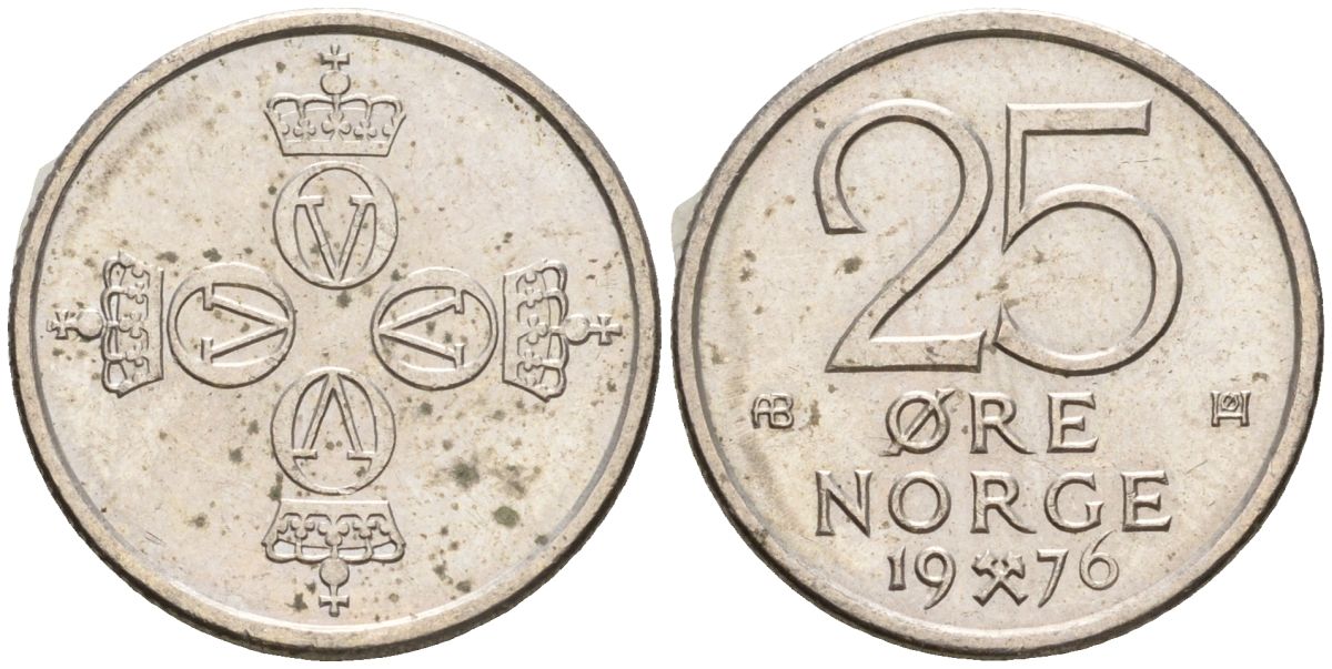 Норвегия 25 эре 1976 Улаф V (1958-1991) KM 417 медно-никель 4608-335