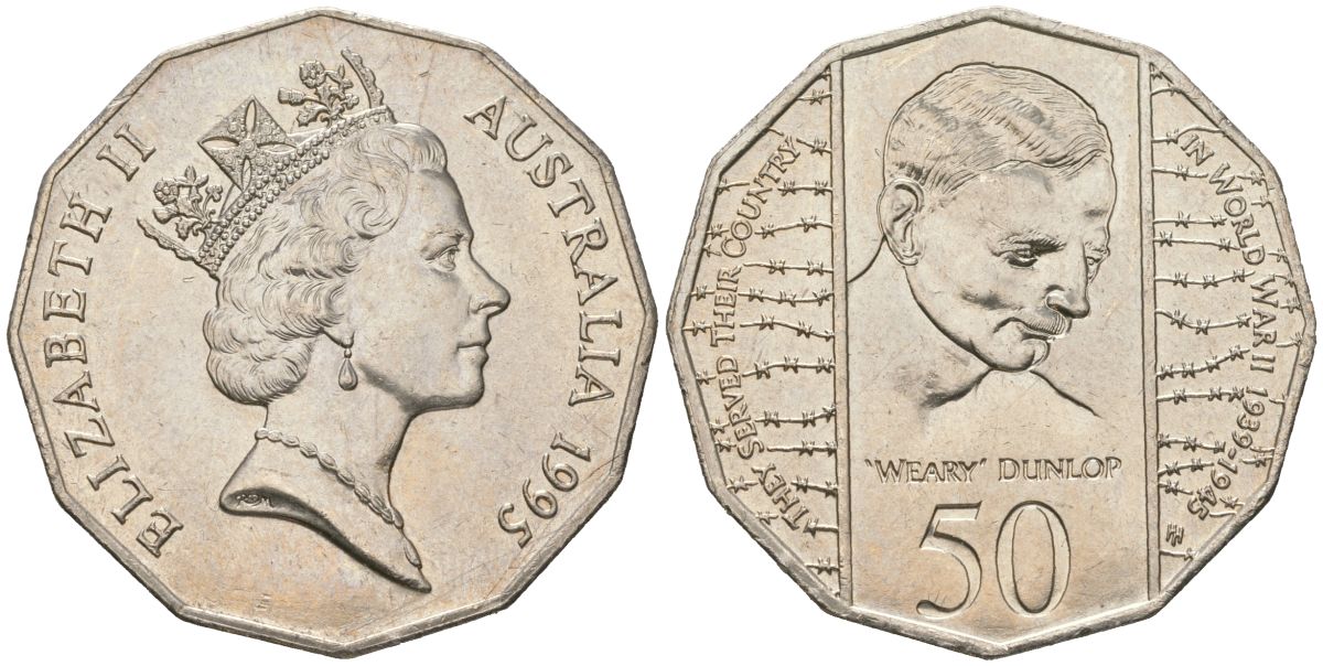 Австралия 50 центов 1995 50 лет со дня окончания Второй Мировой войны KM 294 медно-никель aUNC 4157-915