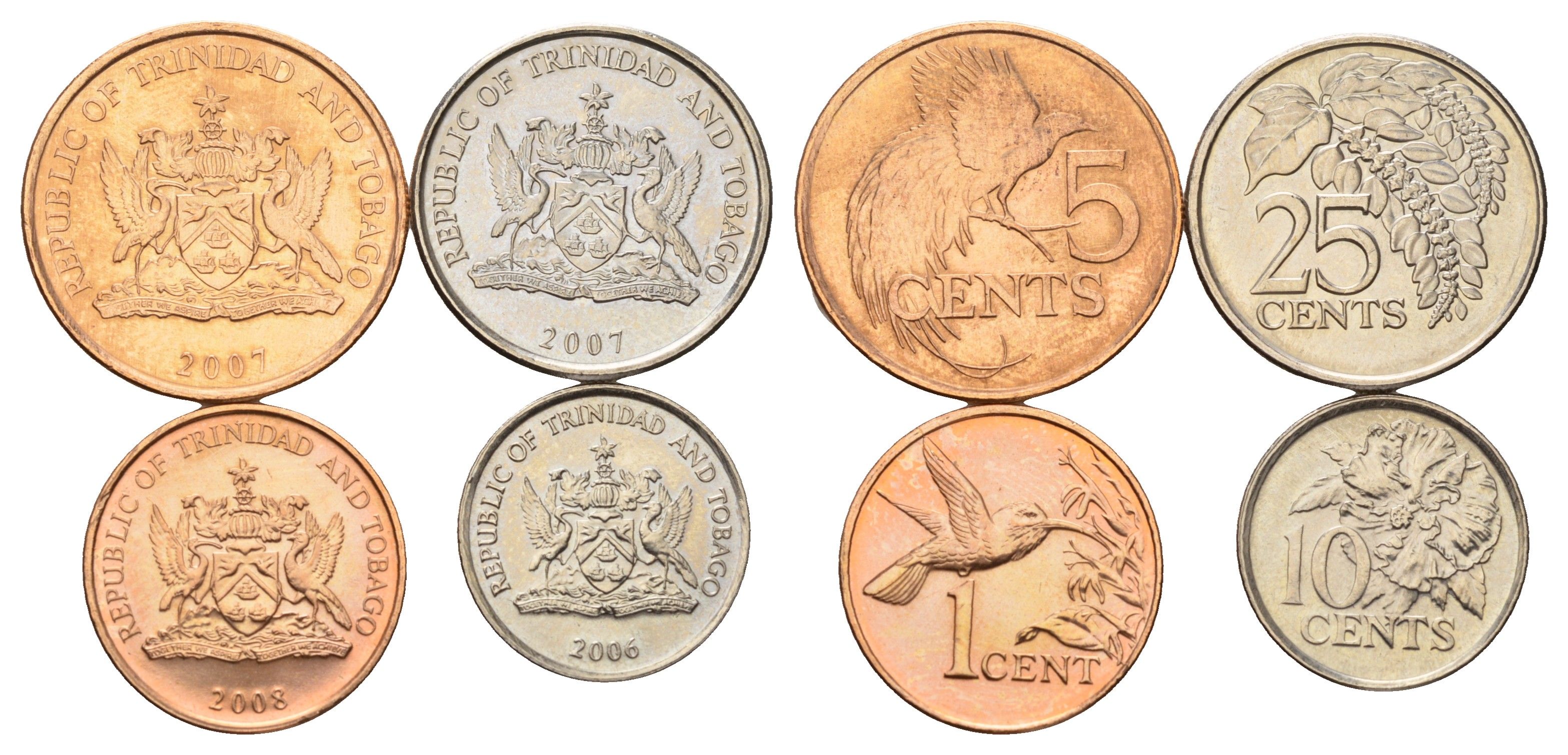 Тринидад и Тобаго набор из 4 монет (1, 5, 10, 25 центов) 2006, 2007 и 2008 KM 29, 30, 31 и 32 UNC 4669-851-854