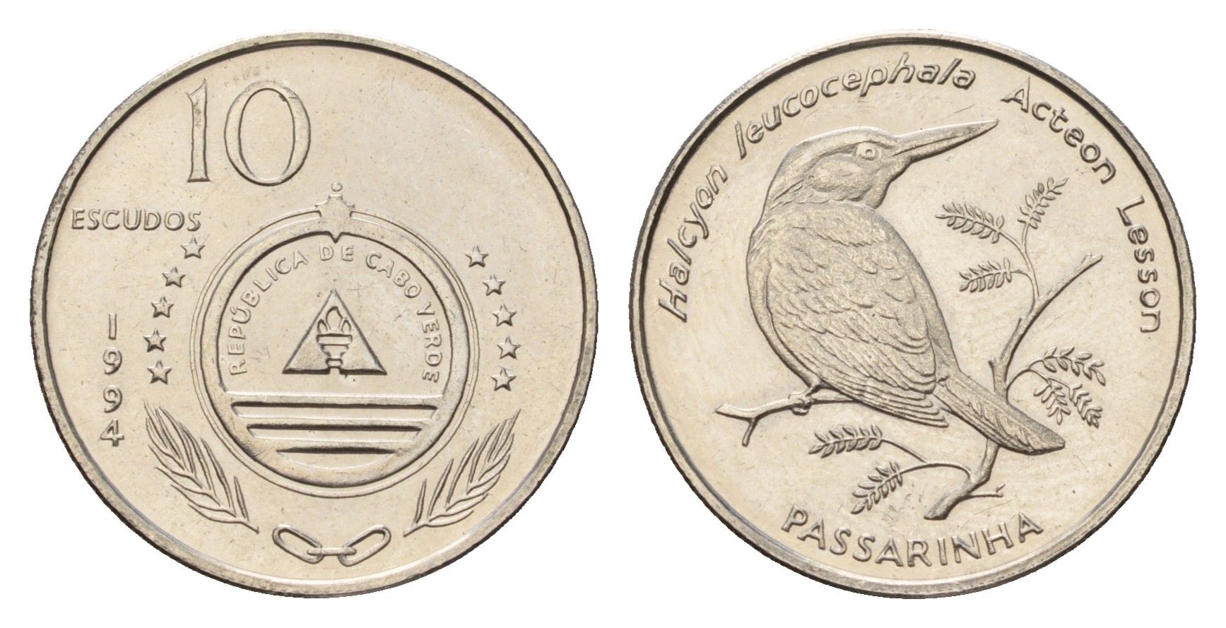 Кабо-Верде 10 эскудо 1994 Птицы - Сероголовая альциона (halcyon leucocephala) KM 29 сталь плакированная никелем UNC 4663-442
