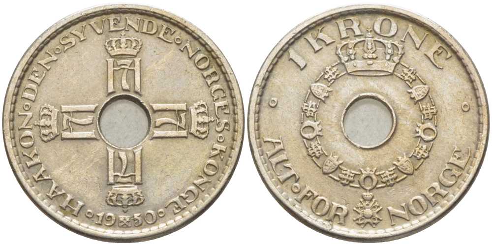 НОРВЕГИЯ 1 КРОНА 1950 ХОКОН VII (1905-1957) KM 385 медно-никель 119-953