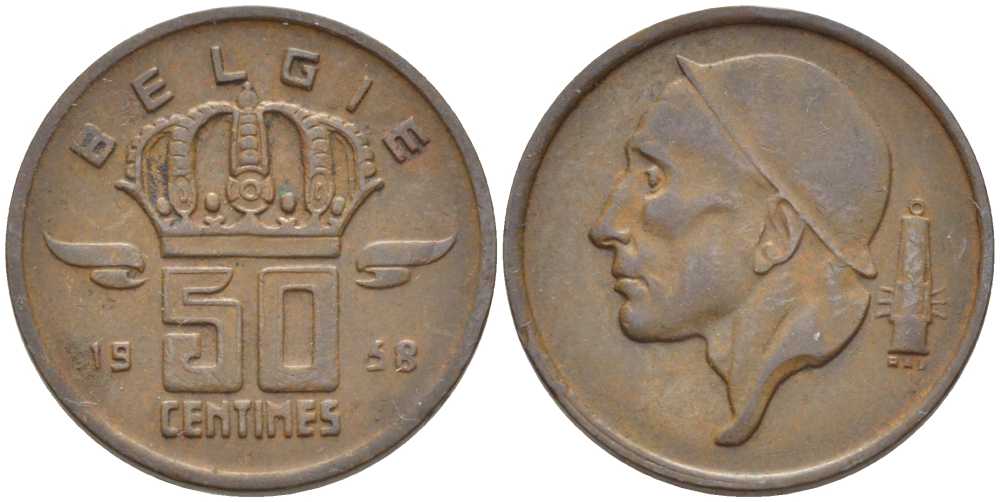 Бельгия 50 сантимов 1958 Belgie, Бодуэн I (1951-1993) KM 149.1 бронза 116-1025