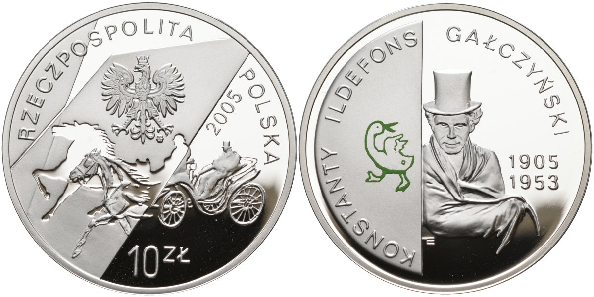 Польша 10 злотых 2005 MW, Константы Ильдефонс Галчиньский, поэт, гусь, цветная эмаль KM 537 серебро PROOF 11-230-26