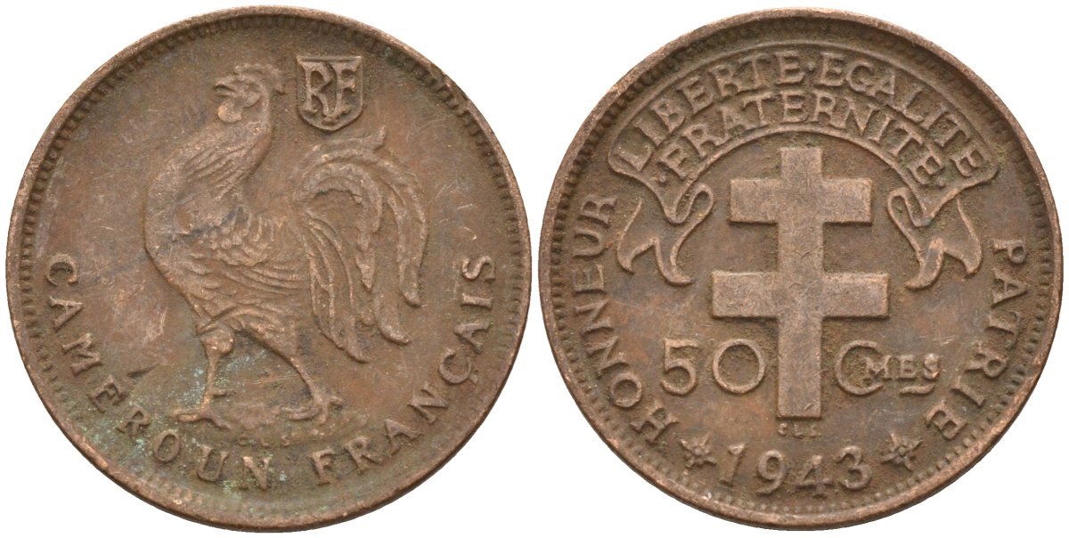 Французский Камерун 50 сантимов 1943 SA, петух, монетный двор Претория KM 4 бронза 4172-424