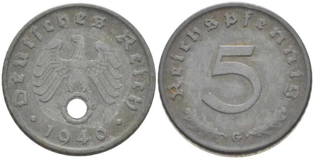 ГЕРМАНИЯ 5 РЕЙХСПФЕННИГОВ 1940 G KM 100, J. 370 цинк 206-1242
