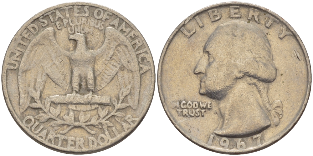 США 25 центов (квотер) 1967 Вашингтон KM 164а медь плакированная медно-никелем 31-722