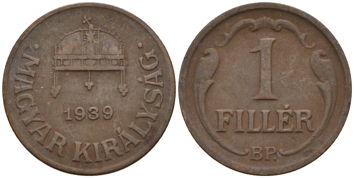 Венгрия 1 филлер 1939 BP KM 505 бронза 4115-1036