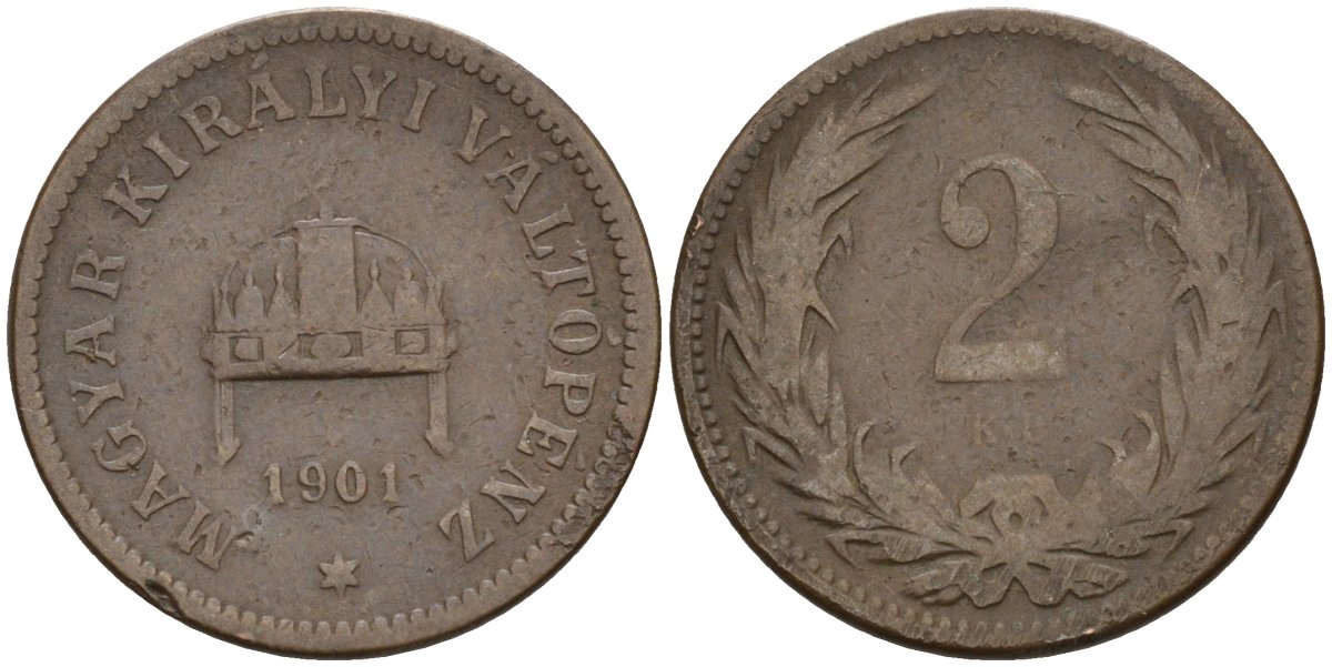 Венгрия 2 филлера 1901 KB, Франц Иосиф I (1848-1916) KM 481 бронза 4151-938