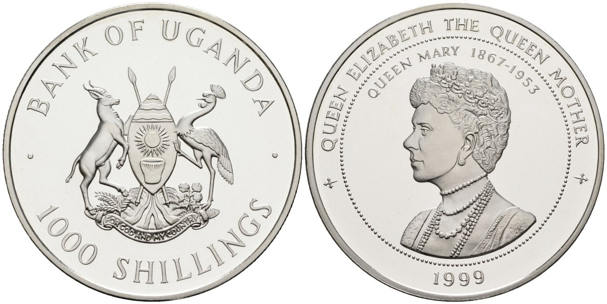 Уганда 1000 шиллингов 1999 серия королева Елизавета-королева мать, королева Мария Текская (1867-1953), тираж 30000 экз. серебро PROOF 1078-5-23