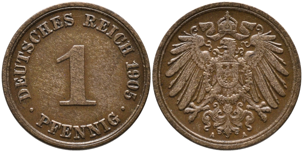 ГЕРМАНИЯ 1 ПФЕННИГ 1905 А KM 10, J. 10 медь 4385-655