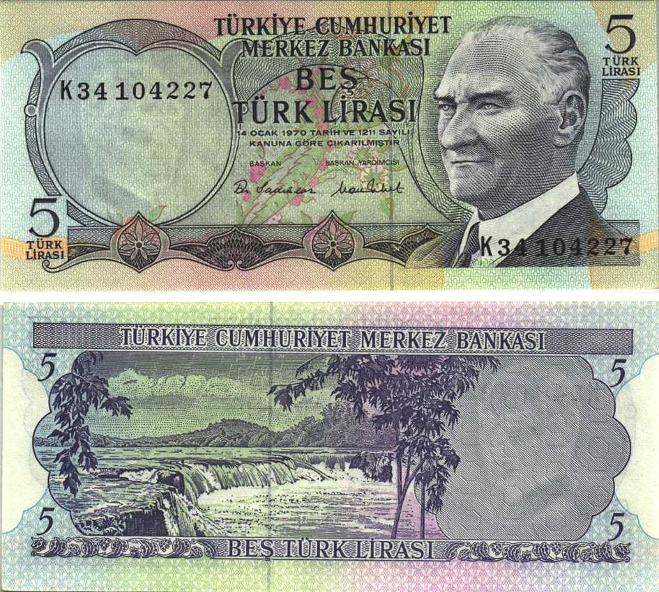 ТУРЦИЯ 5 ЛИР 1976 ПРЕЗИДЕНТ КЕМАЛЬ АТАТЮРК, МАНАВГАТ ВОДОПАД В АНТАЛИИ Pick 185 бумага UNC (ПРЕСС) 6289-32-1-2