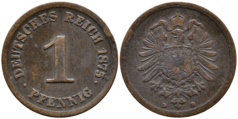 ГЕРМАНИЯ 1 ПФЕННИГ 1875 D, СТАРОГЕРБОВКА KM 1, J. 1 медь 4387-245