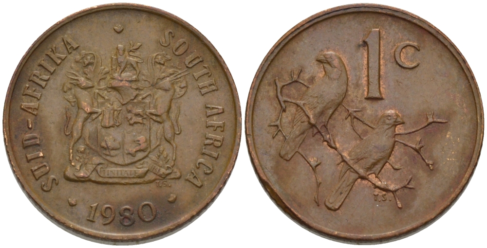 ЮАР 1 ЦЕНТ 1980 ГЕРБ, КАПСКИЕ ВОРОБЬИ KM 82 бронза 66-261