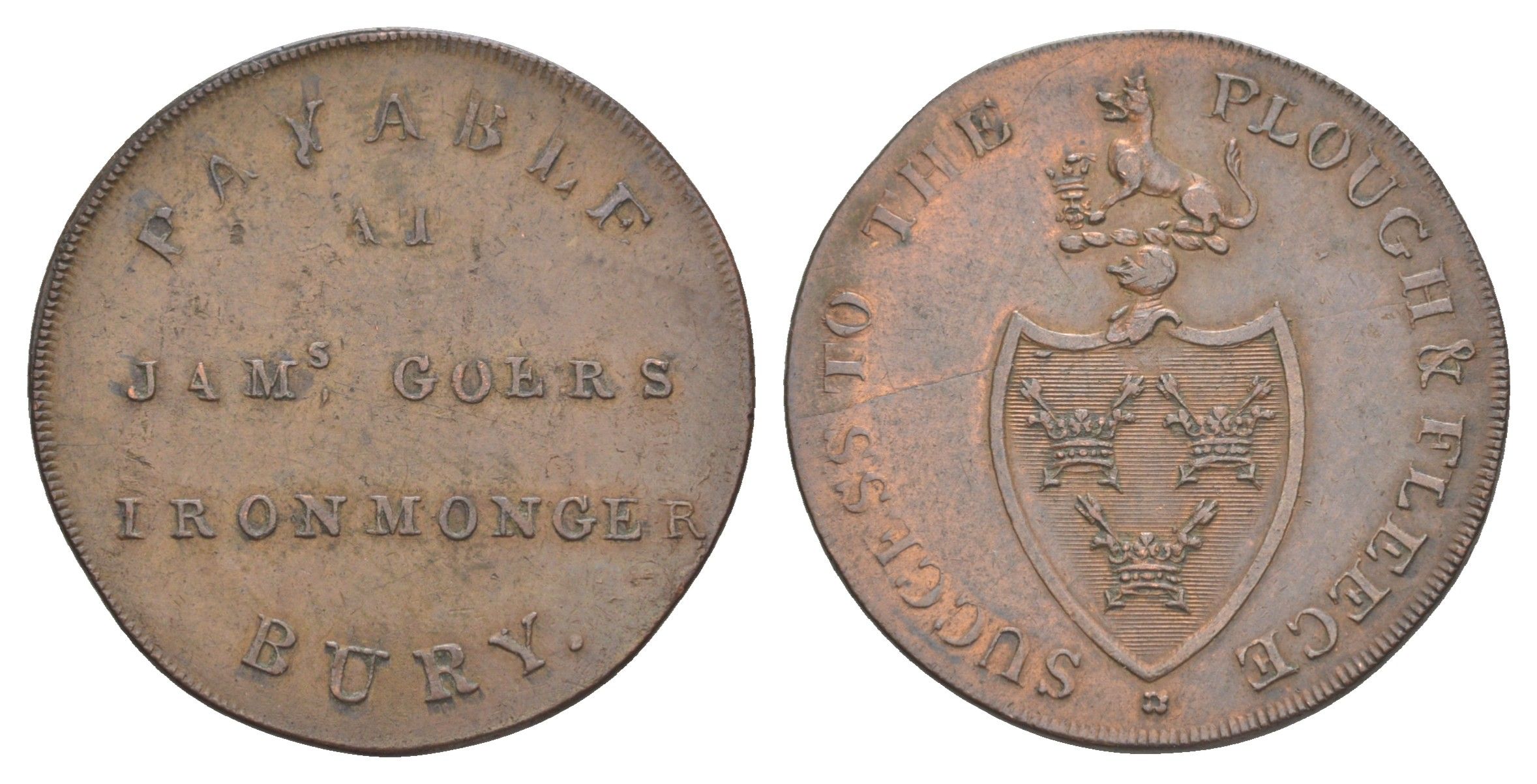 Великобритания, Саффолк, Бьюри 1/2 пенни 1795 Джон Гауэр, токен, гурт гладкий Dalton & Hamer 27 медь aUNC 3711-322