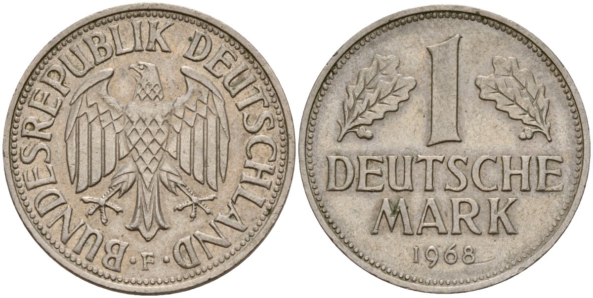 ФРГ 1 марка 1968 F KM 110, J. 385 медно-никель 4159-1057