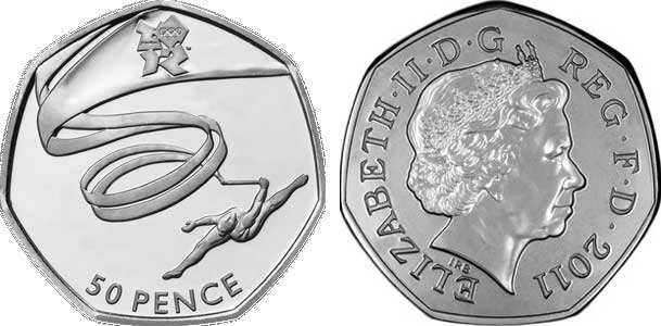 Великобритания 50 пенсов 2011 XXX летние Олимпийские игры в Лондоне в 2012 году, гимнастика, в оригинальном картонном буклете, с Олимпийской голограммой (14/29) KM 1170 медно-никель  UNC  3-6-6-06