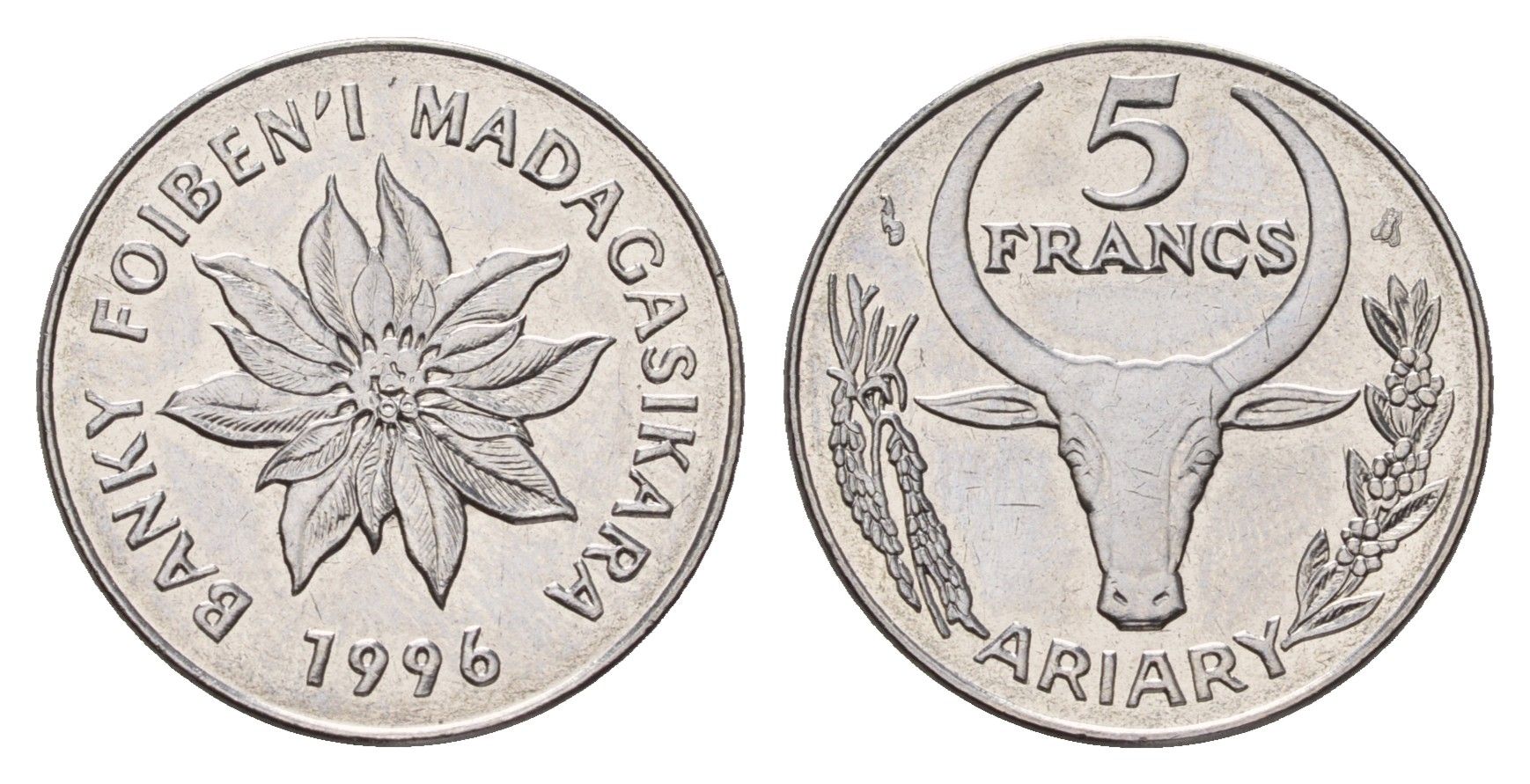 Мадагаскар 5 франков 1996 год-тип KM 21 нержавеющая сталь UNC 213-725