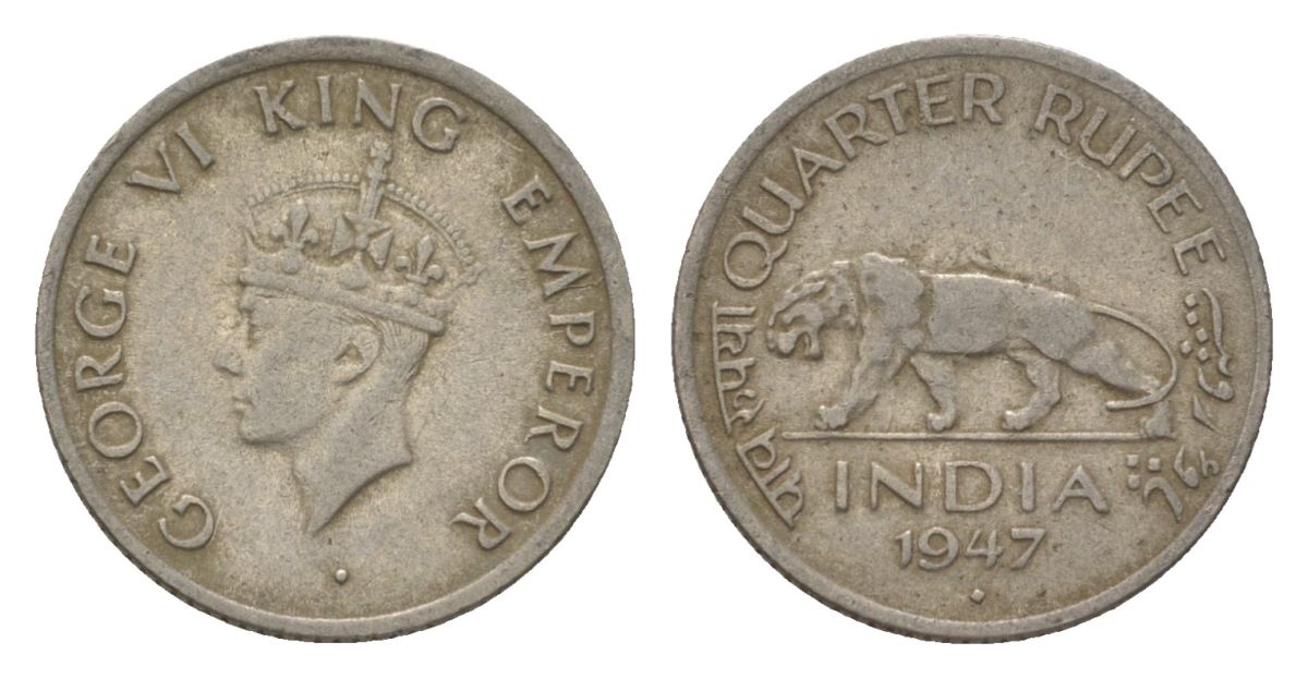 Индия 1/4 рупии 1947 Отметка монетного двора - ромб - Бомбей KM 548 никель 4625-852