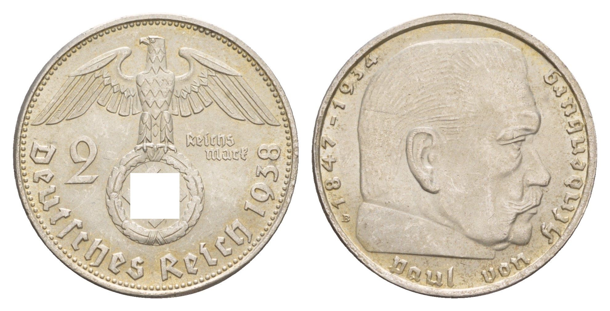 Германия 2 рейхсмарки 1938 B, Пауль фон Гинденбург (1847-1934) KM 93 серебро aUNC 1528-142