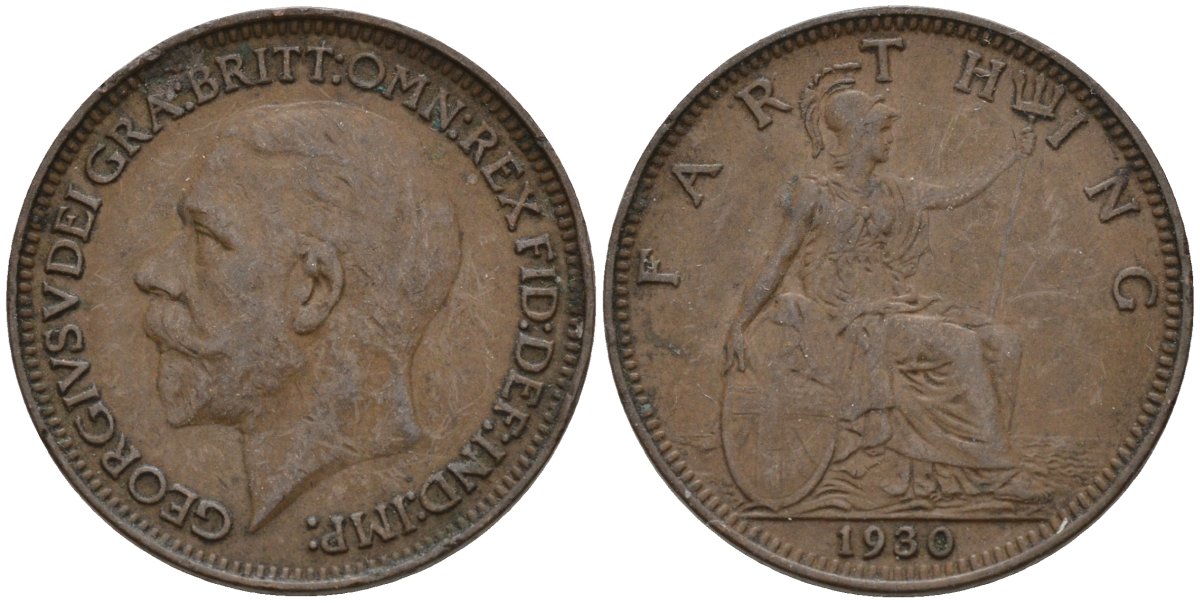 Великобритания 1 фартинг 1930 Георг V (1910-1936) KM 825, Spink 4061 бронза 4596-955