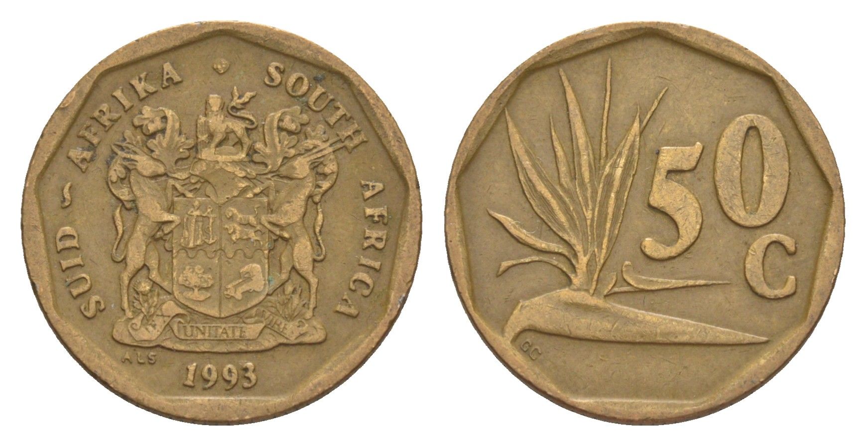 ЮАР 50 центов 1993 Зантедеския Эллиота (калла), герб KM 137 сталь плакированная бронзой 4618-621
