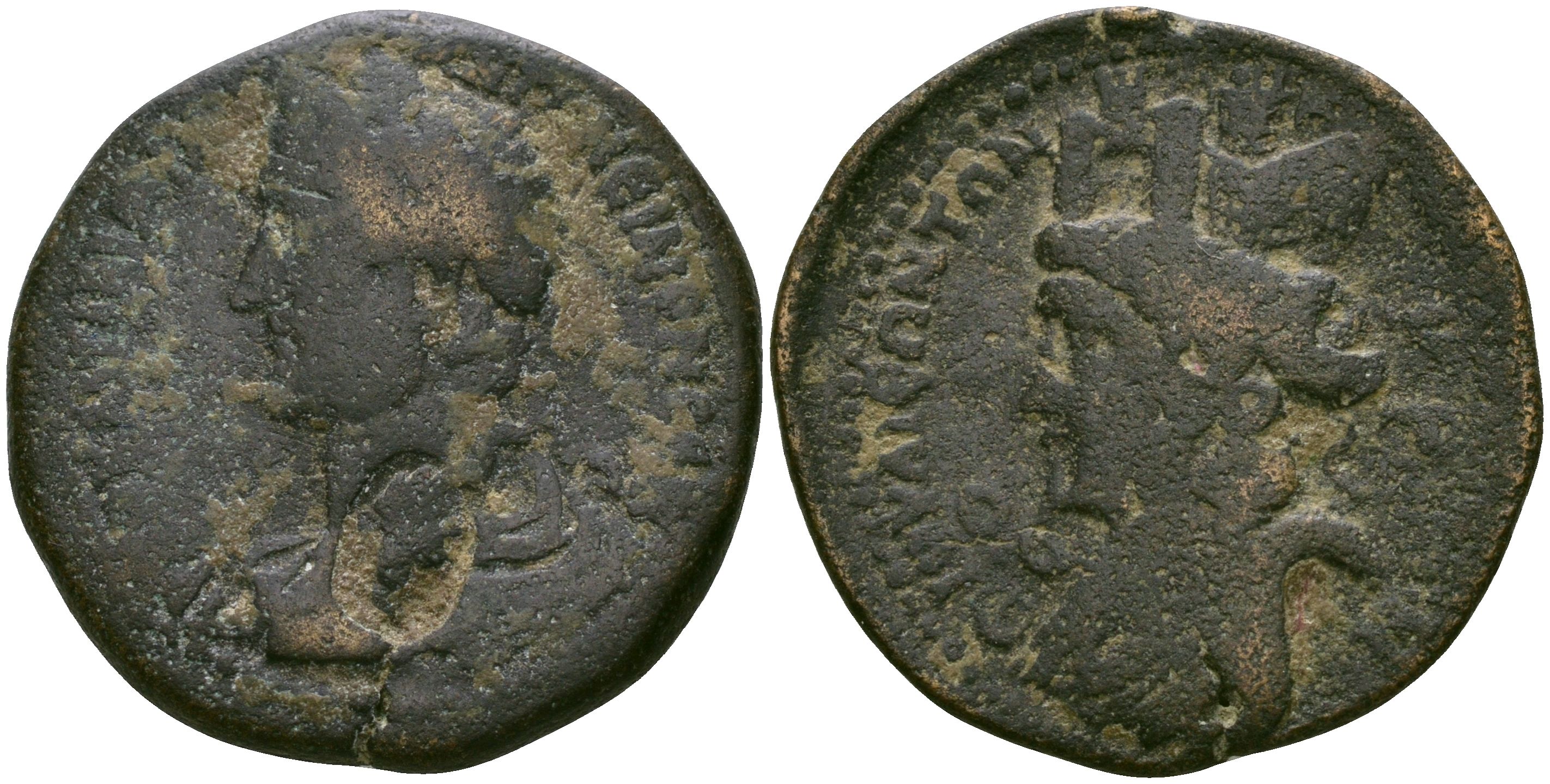 Римская Империя, Провинция Сирия, Лаодикея Приморская AE 138 - 161 Антонин Пий, бюст императора, надчеканка-бюст императора / бюст богини Тихе Mionnet V, 753; Hunter 30 бронза 1100-5-55