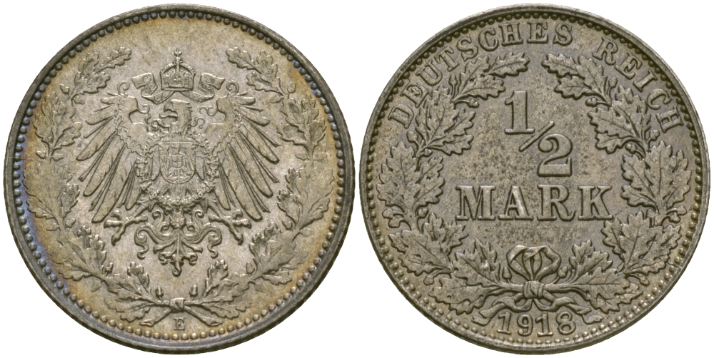 ГЕРМАНИЯ 1/2 МАРКИ 1918 E J. 16, KM 17 серебро UNC 65-256