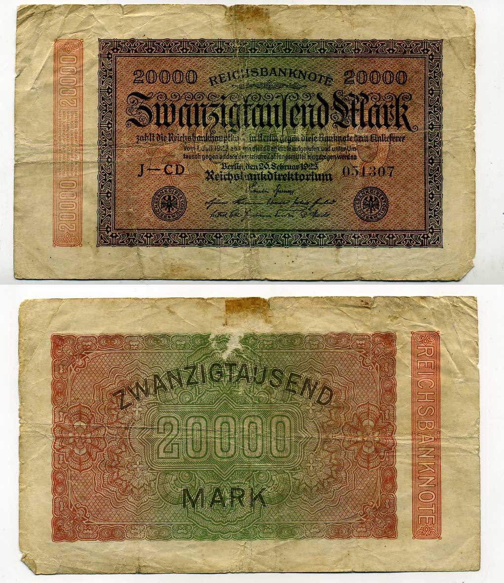 ГЕРМАНИЯ 20000 МАРОК 1923 20 ФЕВРАЛЯ 1923, ВОДЯНОЙ ЗНАК I Pick 85d бумага 8619-39-1-2