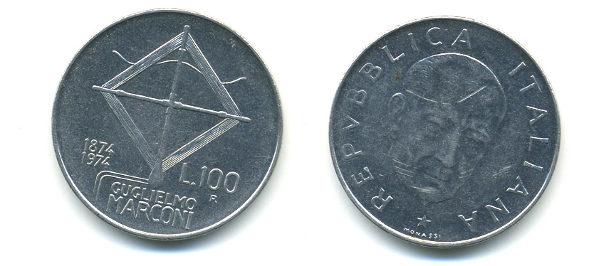 ИТАЛИЯ 100 ЛИР 1974 R, 100 ЛЕТ МАРКОНИ KM 102 нержавеющая сталь 3999-344